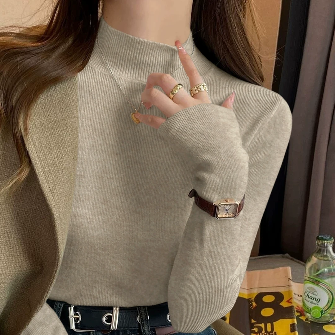 高级感气质修身保暖内搭上衣女春季新款半高领长袖设计打底衫女装