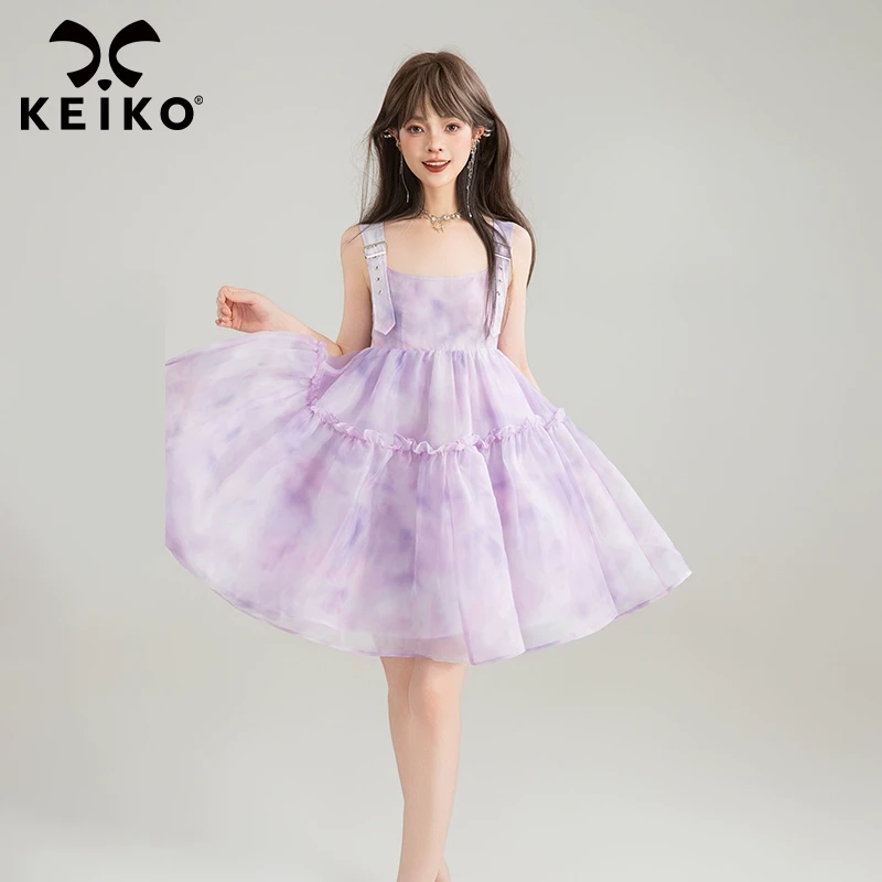 KEIKO 法式欧根纱吊带连衣裙25夏季魅惑紫色小个子蓬蓬公主短裙子