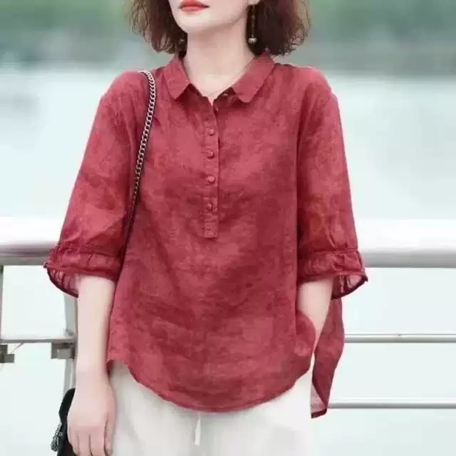 妈妈夏装天丝苎麻T恤洋气上衣2024新款套装中年女装中袖棉麻衬衫