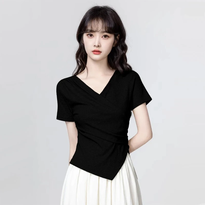 【交叉V领T】正肩t恤夏季不规则百搭精致短袖时尚黑色小衫修身显瘦