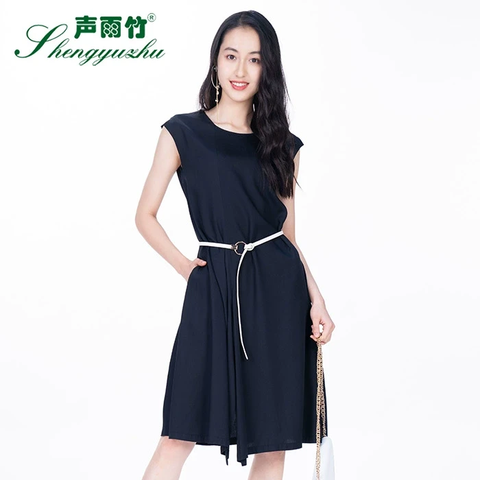 声雨竹夏季纯色圆领优雅宽松腰气质淑女过膝设计感连衣裙