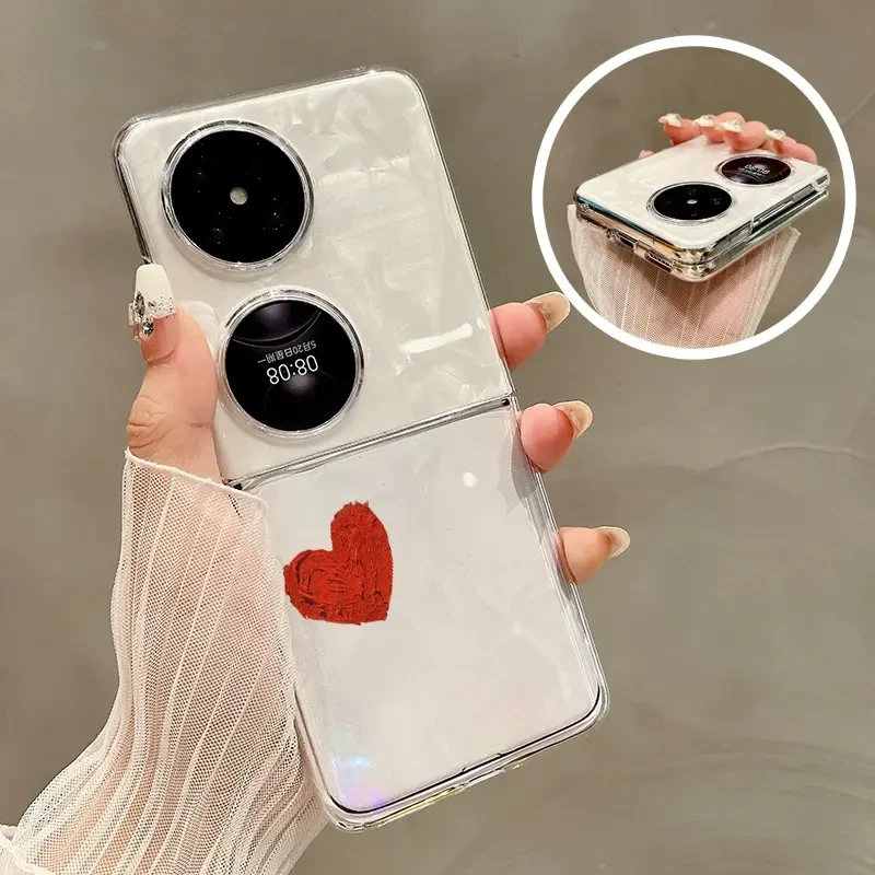 简约红色爱心纹理适用P50pocket/2/s手机壳折叠屏保护套透明