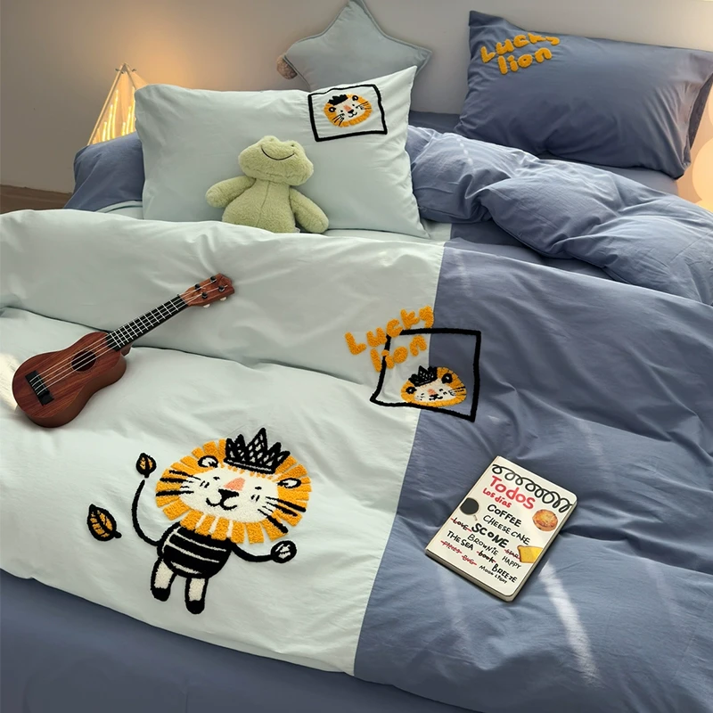 【朵罗塔】可爱卡通狮子全棉水洗棉床上四件套100%纯棉被套床单床笠