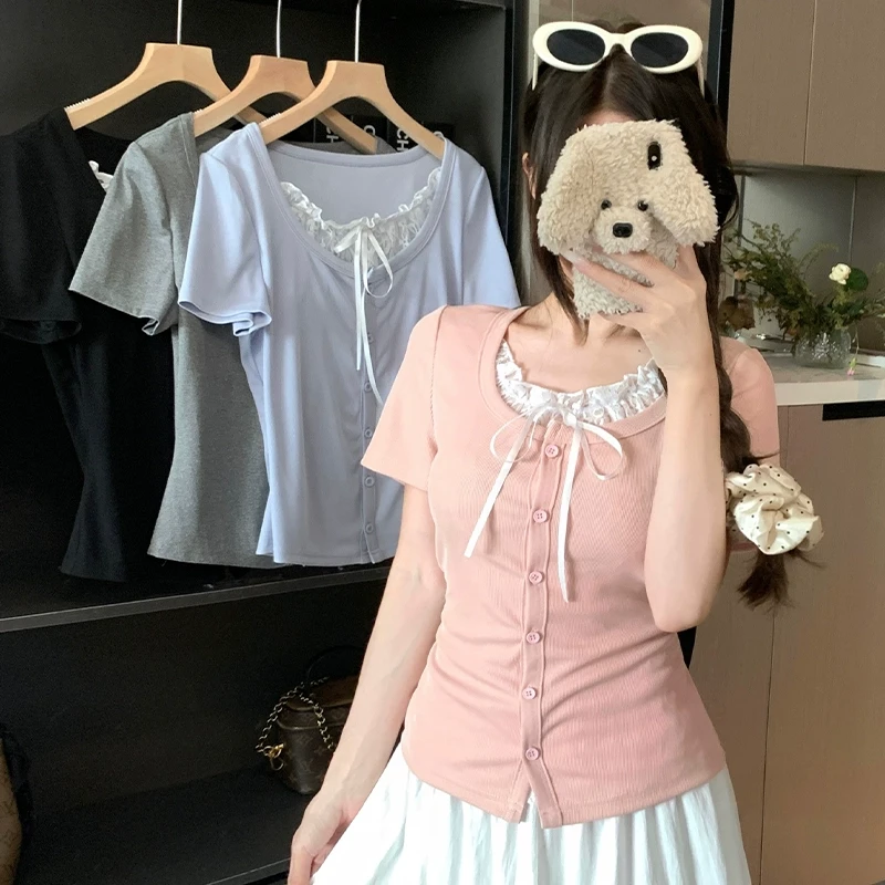 【8560】2025夏季新款蕾丝拼接纽扣假两件t恤纯欲短袖显瘦上衣女