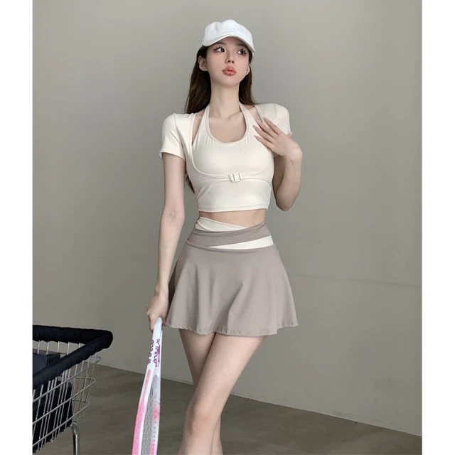 运动瑜伽服两件套假两件带胸垫上衣高腰百褶短裙裤子女装夏季套装