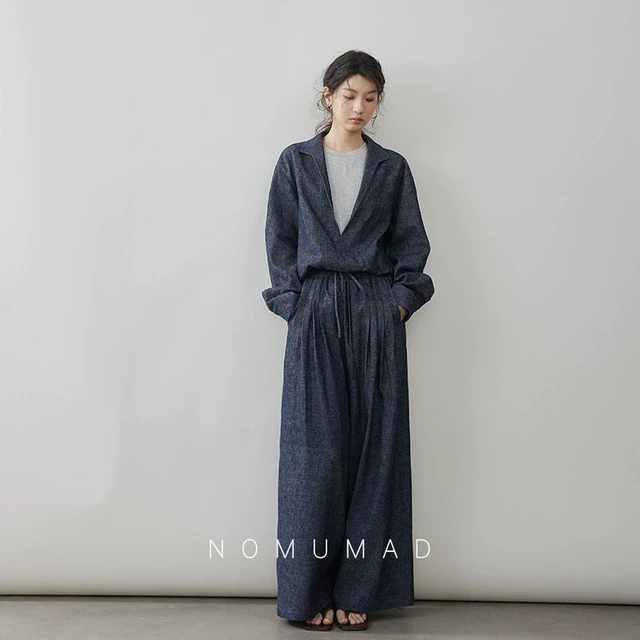 山屿牧玛2025春季新款亚麻棉牛仔套装高级假两件外套宽松阔腿长裤