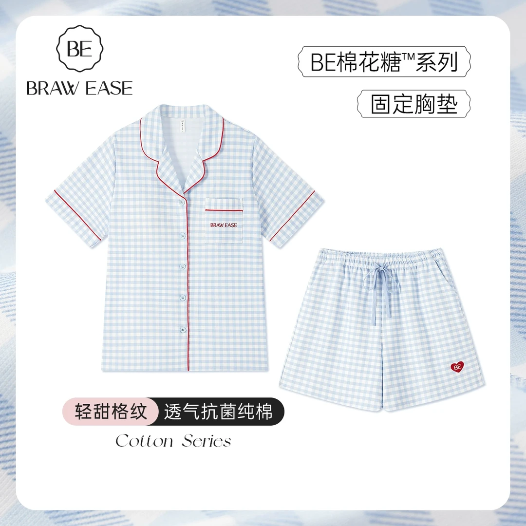 纯棉睡衣女款夏带胸垫短袖短裤2025新款夏季家居服套装格子可外穿