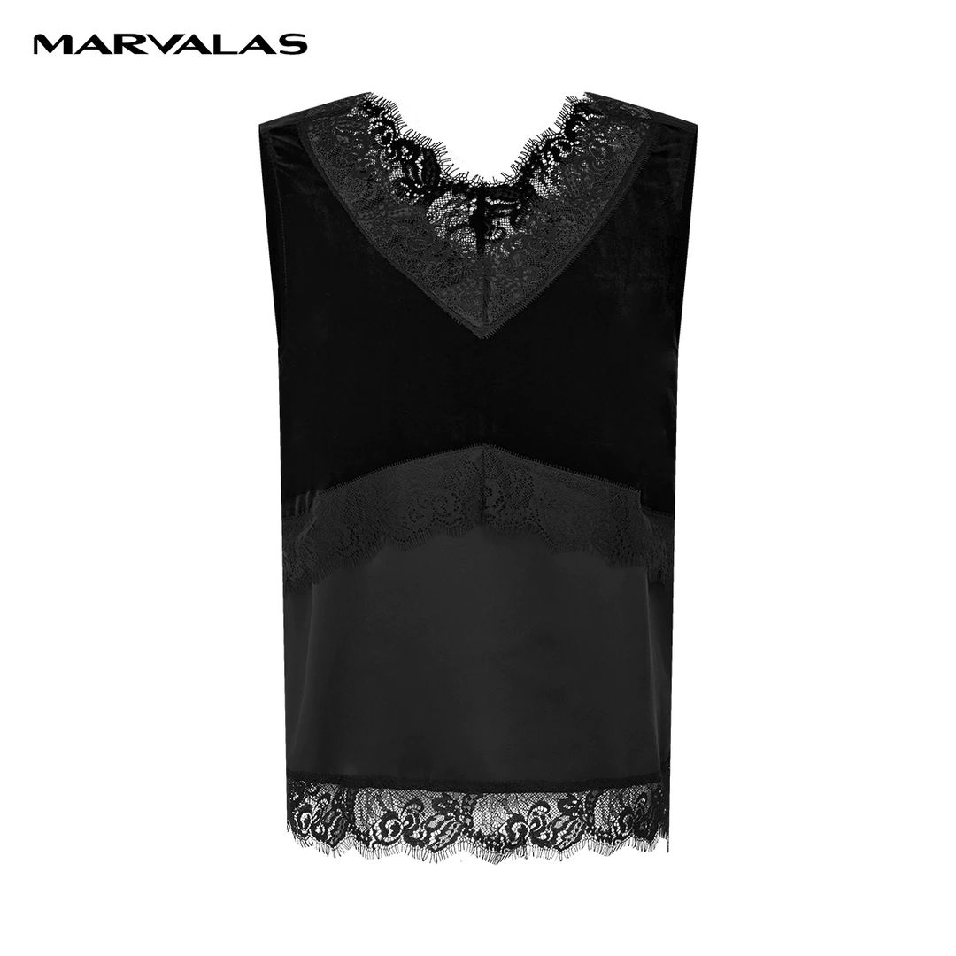 【商场同款】曼德诗设计感吊带2024春装新款纯色短款蕾丝雪纺背心