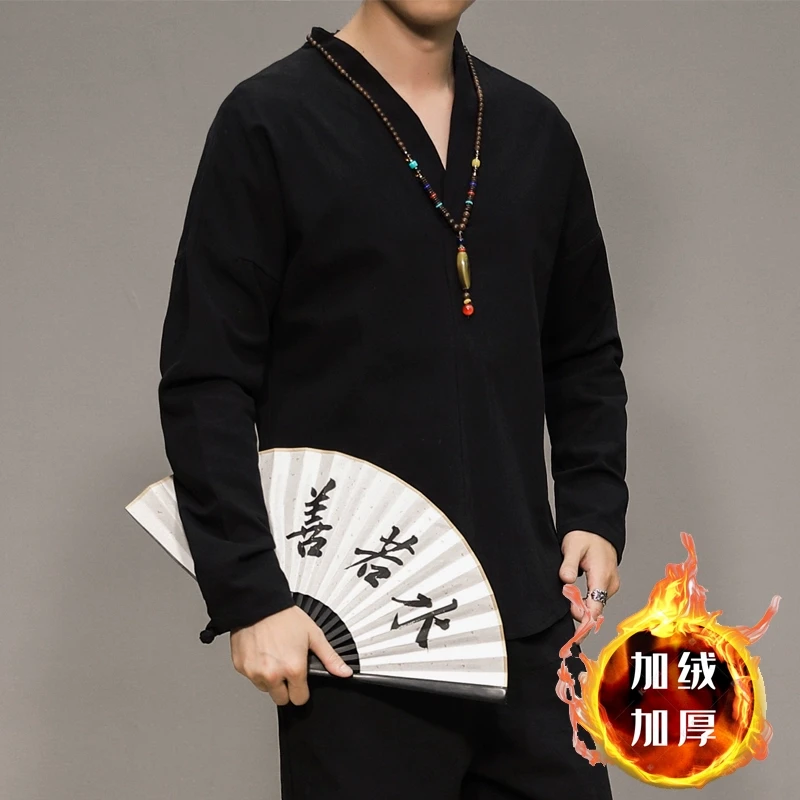 中国风V领汉服加绒加厚长袖T恤男秋冬季大码宽松保暖唐装打底上衣