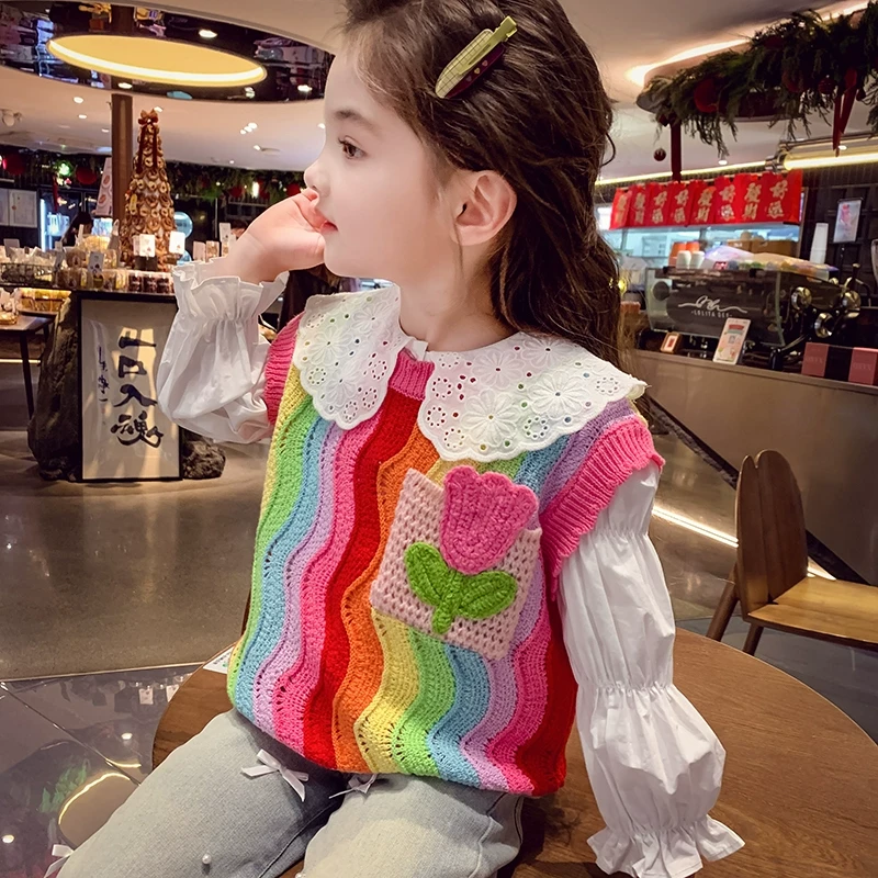 【现货】米米哈罗女童针织马甲春装彩虹上衣女孩宽松无袖毛衣C25133