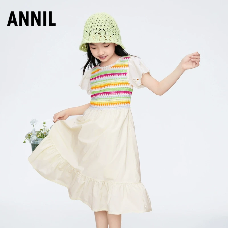 安奈儿女童毛织拼接假两件连衣裙绣花裙边民族风AG423804商场同款