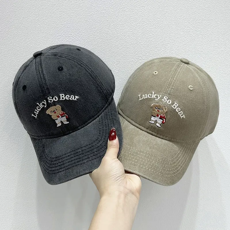 复古小熊牛仔棒球帽女水洗做旧大头围显脸小鸭舌帽宽帽檐软顶帽子