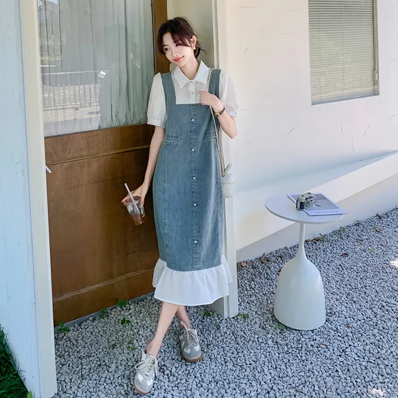 韩版宽松假两件牛仔连衣裙夏季女2025新款今年流行漂亮拼接长裙子