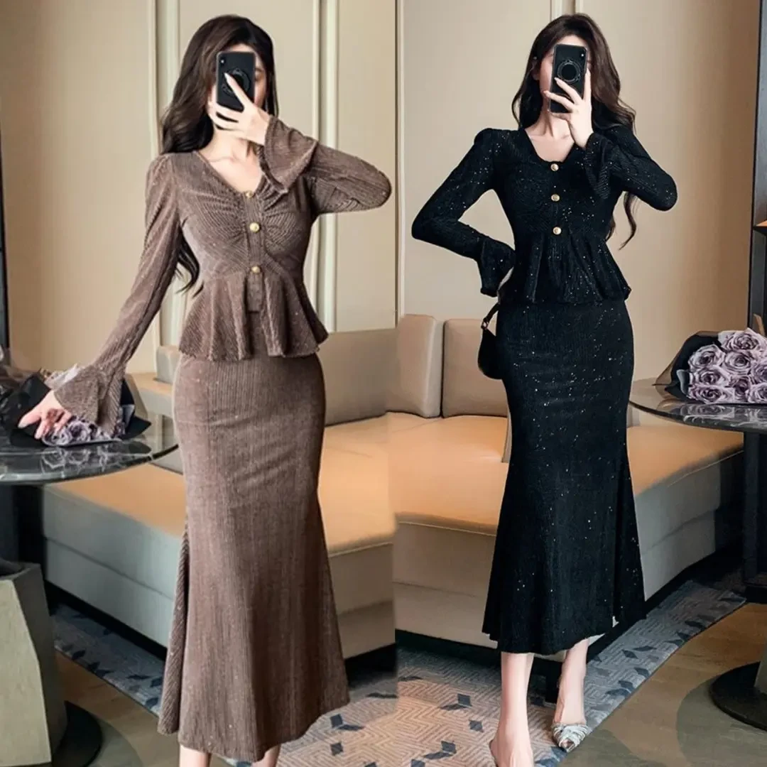 时尚套装裙2024春新款名媛荷叶袖收腰喇叭显瘦上衣鱼尾两套女