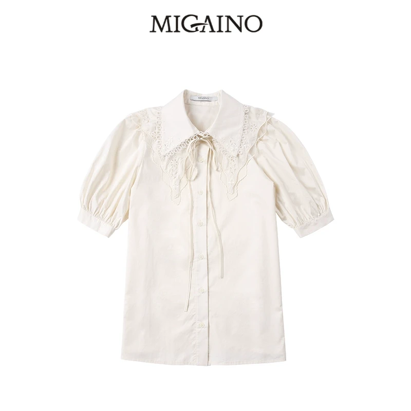 曼娅奴纯棉短袖衬衫女夏季新款法式复古设计感上衣MM22AA074