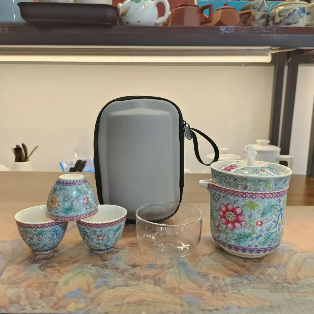 羊脂玉瓷珐琅彩缠枝莲一壶三杯旅行茶具便捷式快客杯-4758