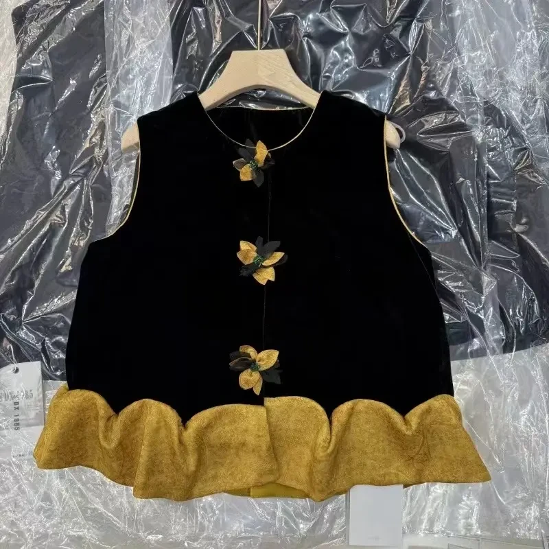 早秋新款时尚新中式马甲女圆领轻国风丝绒拼接马夹复古洋气上衣潮