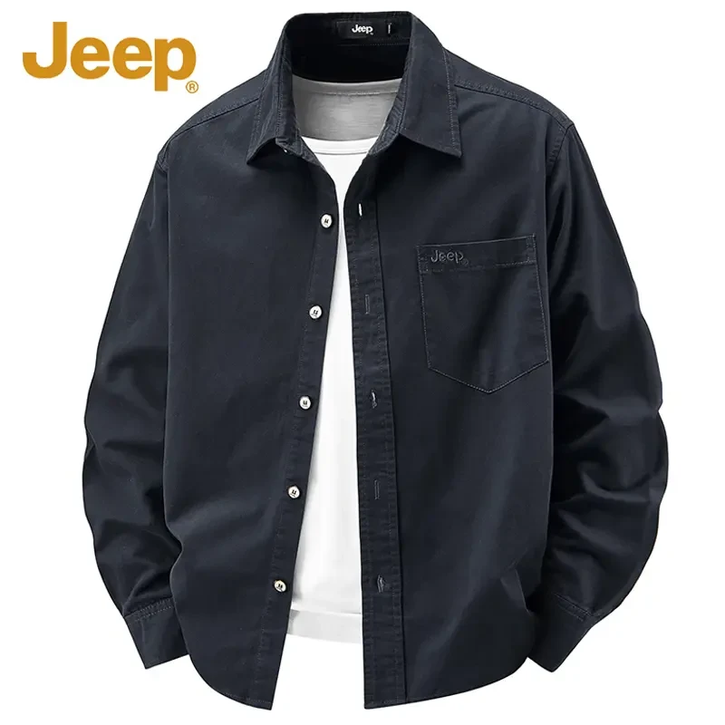Jeep吉普长袖衬衫男款宽松新款休闲纯色上衣百搭爆款纯棉工装衬衣