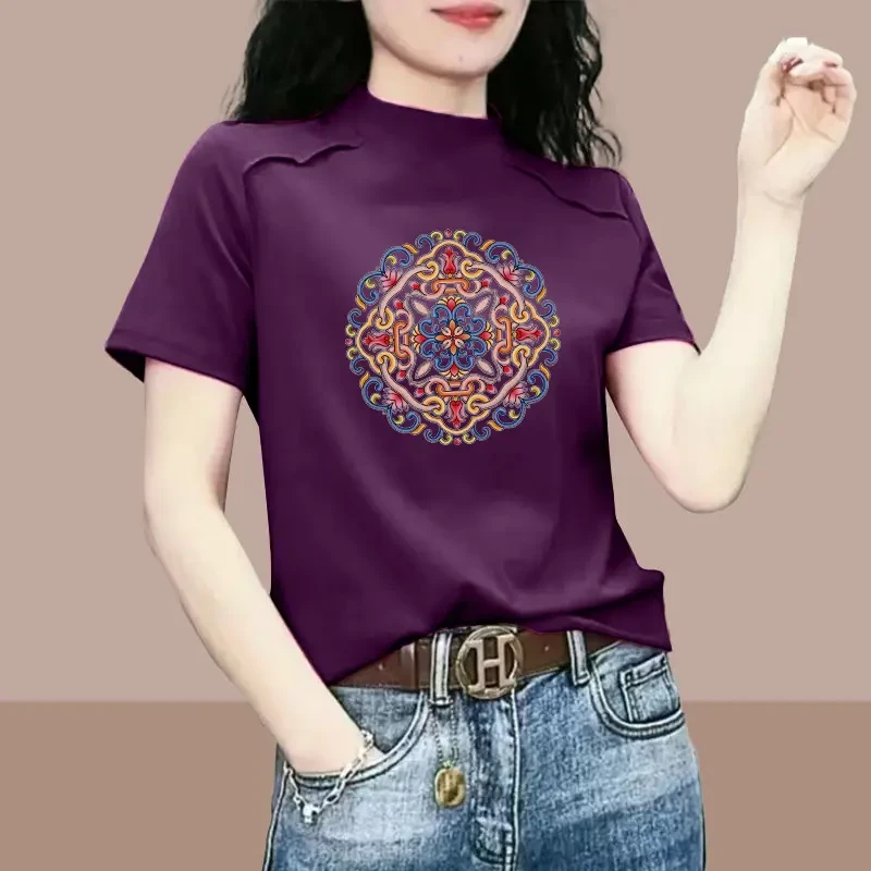 2025新中式国潮印花半高领短袖t恤ins时尚半高领显瘦百搭上衣服