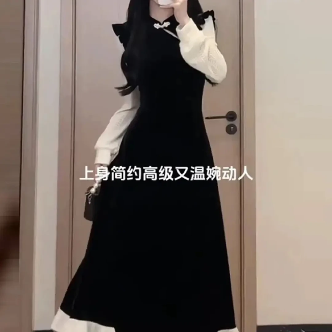 大码新中式假两件连衣裙女秋冬胖mm显瘦盘扣长裙高级感气质裙子