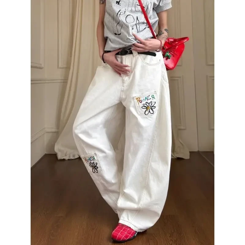 美式复古花卉刺绣阔腿弯刀牛仔裤男女vintage显瘦情侣阔腿休闲裤