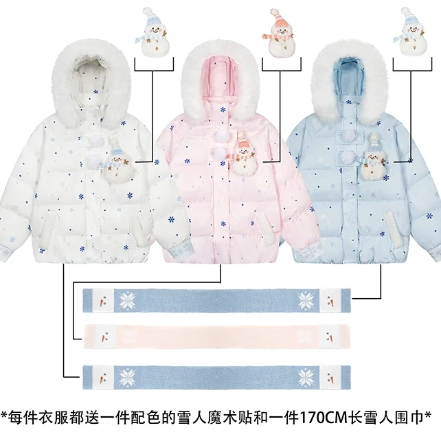 原创卡通雪花可爱雪人魔术贴棉服毛领连帽女秋冬季加厚保暖棉衣