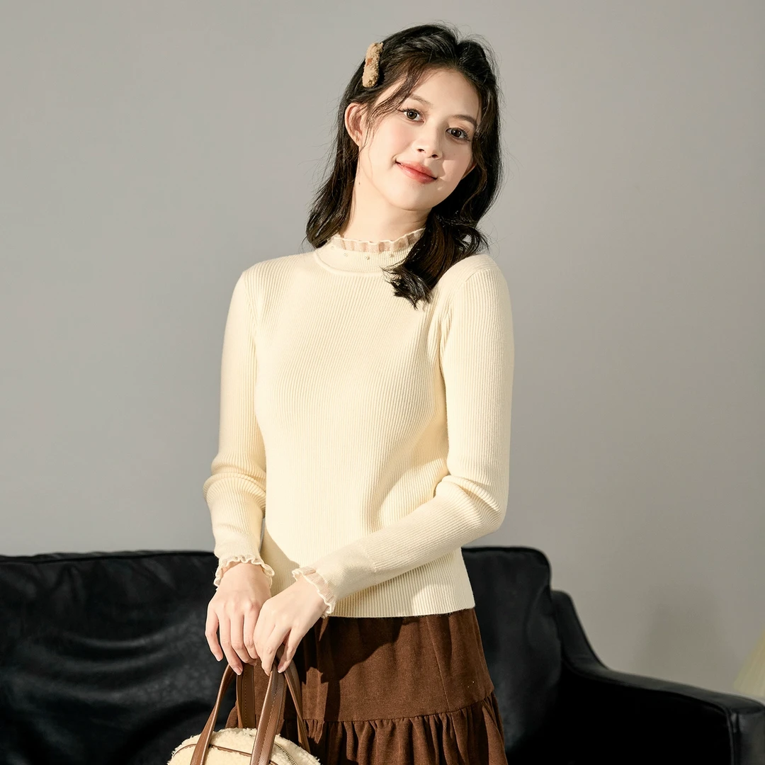 DC553 唐狮蕾丝半高领打底衫女2024新款早秋穿搭小众设计感气质内