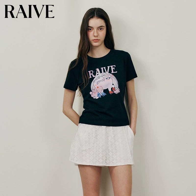 【RAIVE】2025夏季新款上衣萌宠印花黑色轮滑猫甜辣短袖圆领韩系T恤