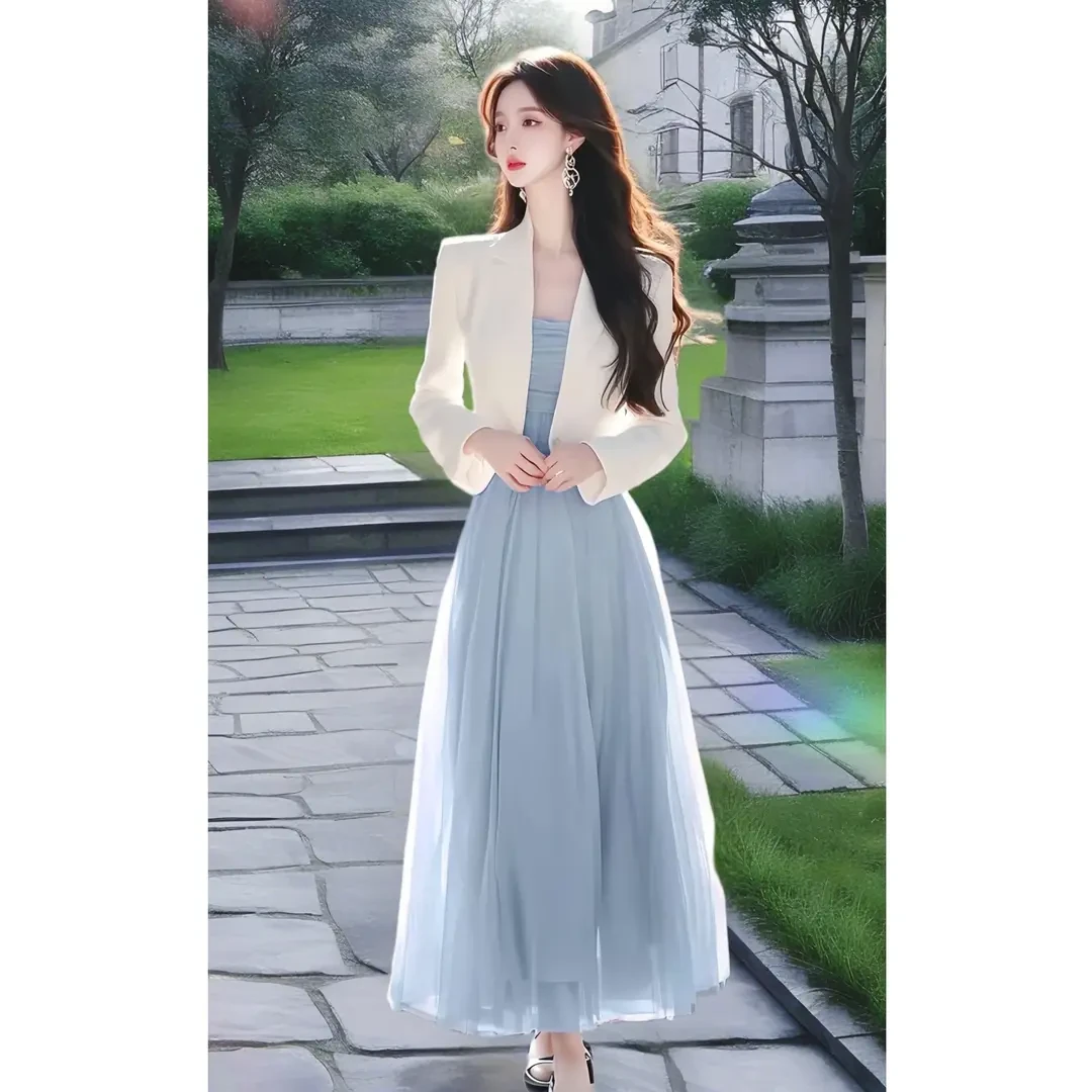 2025春季轻奢高级感超好看独特漂亮白色西装外套蓝色连衣裙套装女