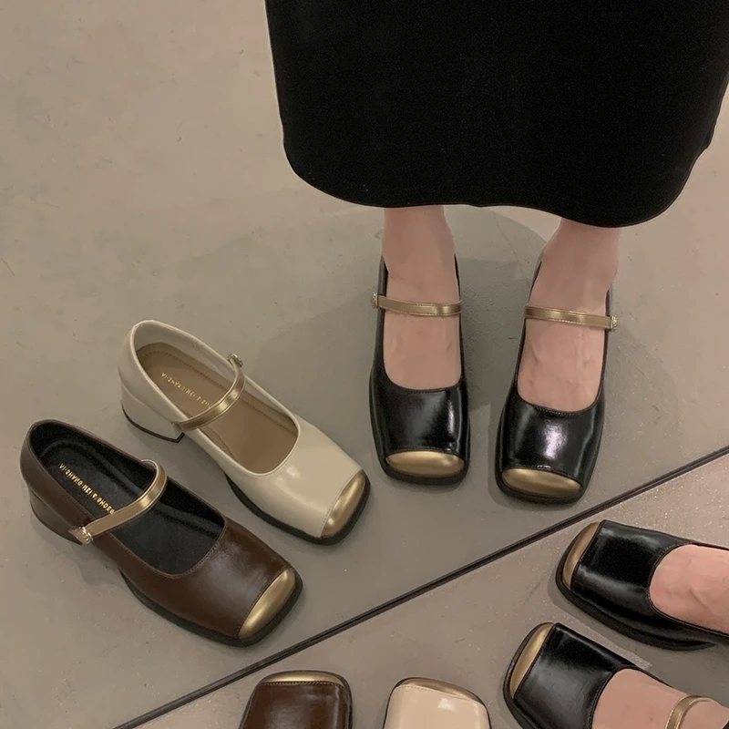 贾不假韩系单鞋女2025春季新款复古气质百搭配裙子粗跟方头小皮鞋