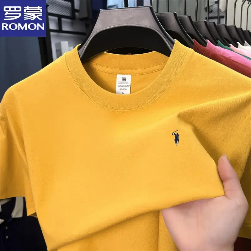 罗蒙夏季100%纯棉短袖T恤男士宽松休闲圆领T恤小马刺绣百搭半袖潮