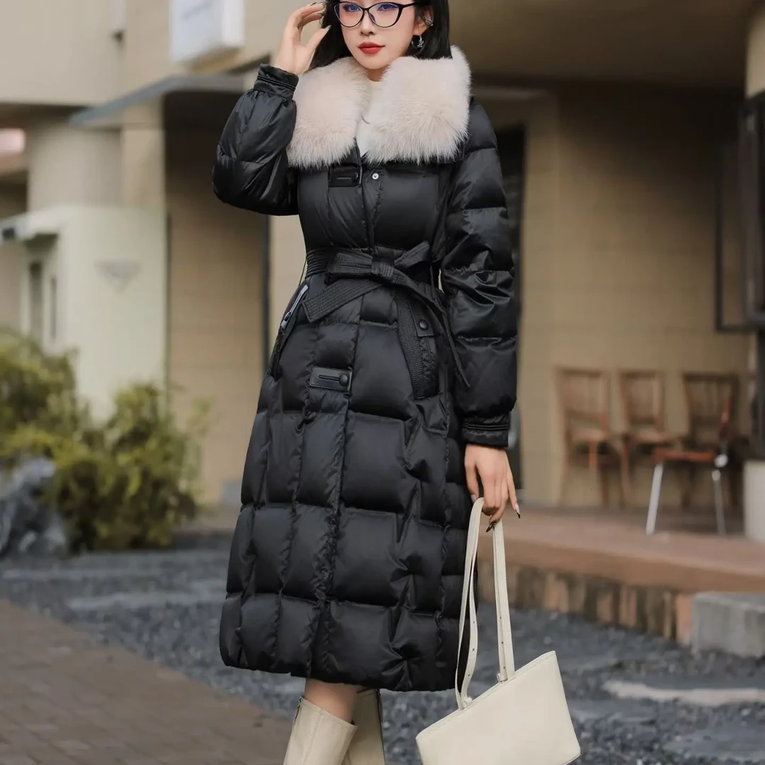 冬季新款鹅绒保暖领加绒加厚修身中长款外套女