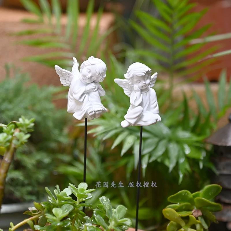 创意白色少女天使装饰摆件花盆地插铁艺插件植物角树脂工艺品雕像