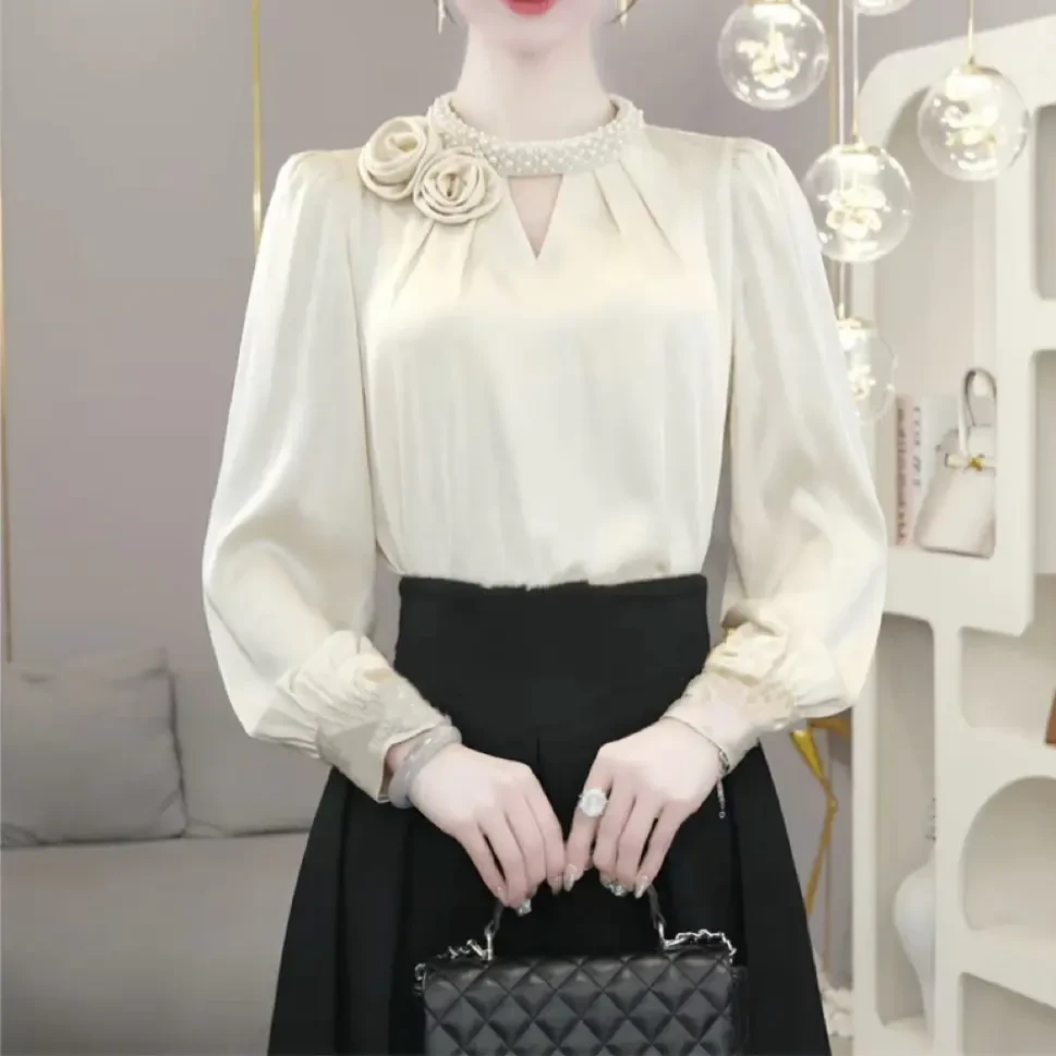 法式立领花朵拼接长袖衬衫女新款百搭上衣