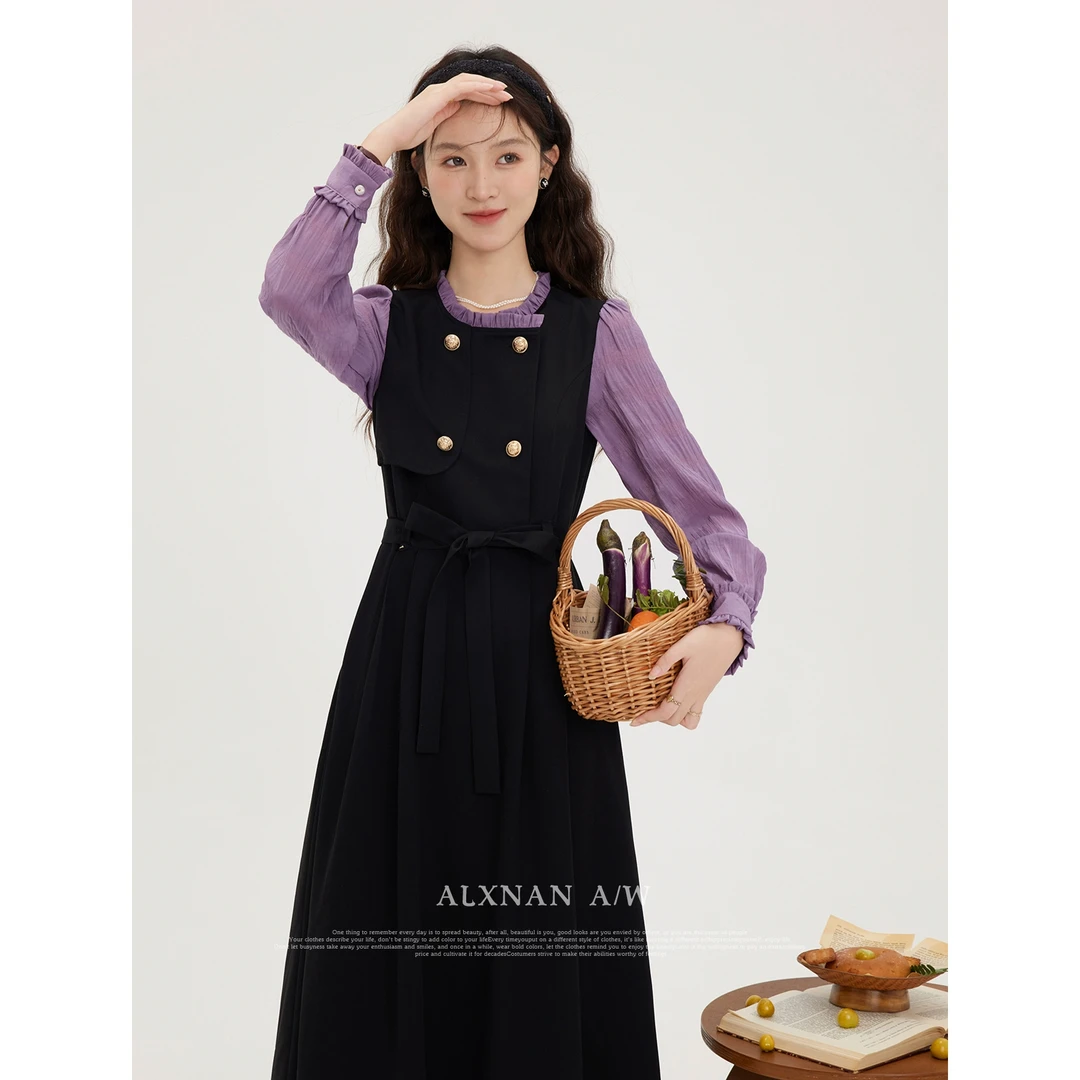 【鹿盯盯】微胖大码女装法式假两件连衣裙胖mm通勤气质长裙DM00538