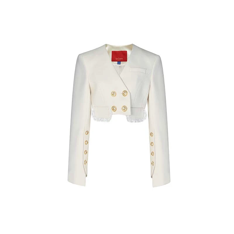 LeFame/拉飞姆春季米白色无领花边口袋短外套