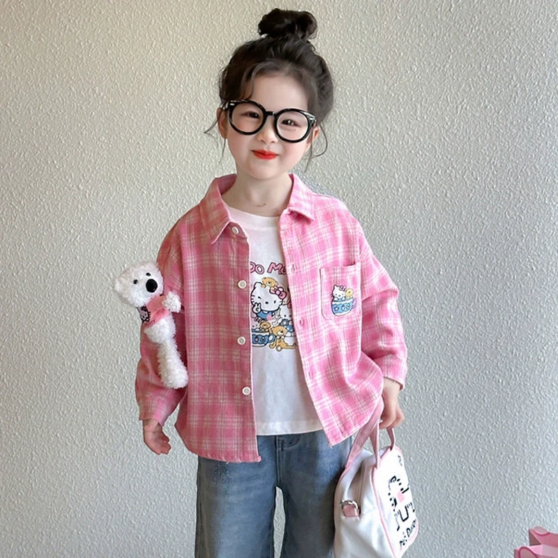 女童格子衬衫春秋款2025新款儿童洋气衬衣女宝宝猫咪春季春装上衣