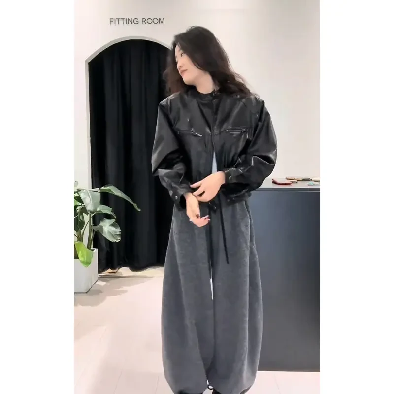 2025秋季新款韩系穿搭百搭宽松长袖皮衣外套气质高腰显瘦阔腿长裤