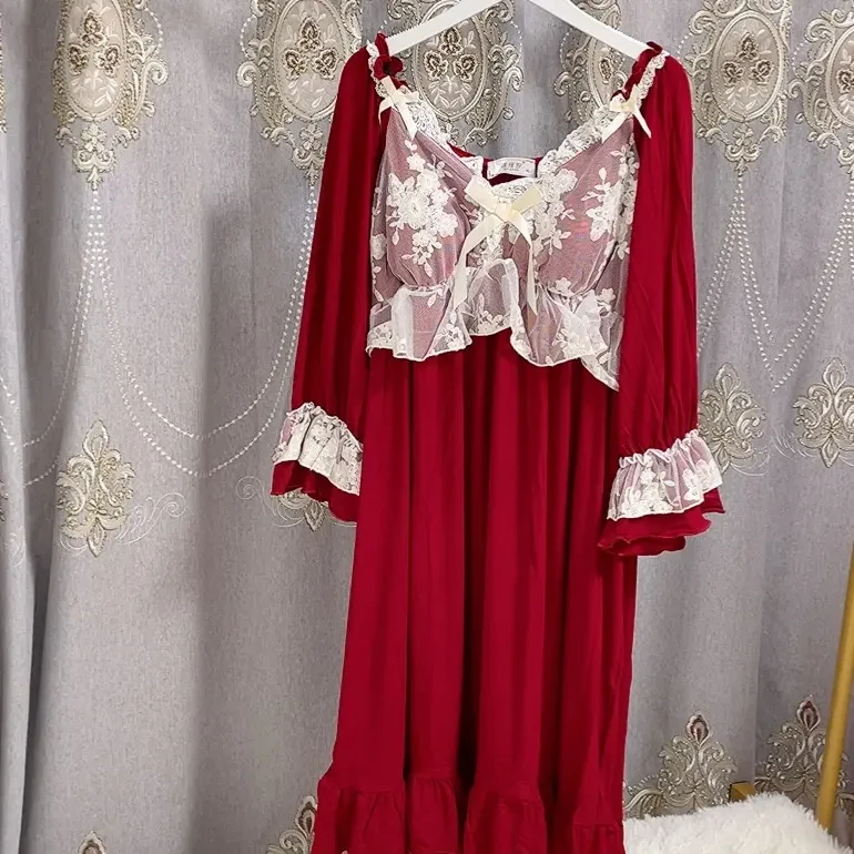 法式性感蕾丝胸垫长袖睡裙莫代尔棉材质女性感纯欲家居服