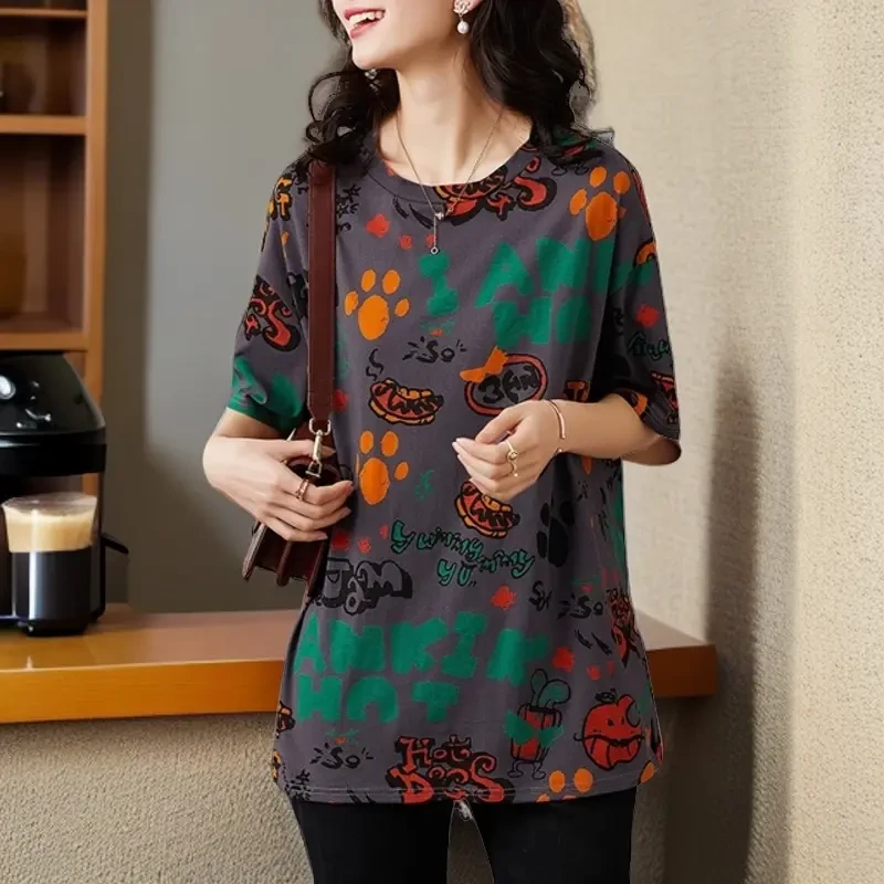 春夏大码显瘦时尚休闲百搭半袖宽松印花圆领时尚休闲百搭夏季短袖