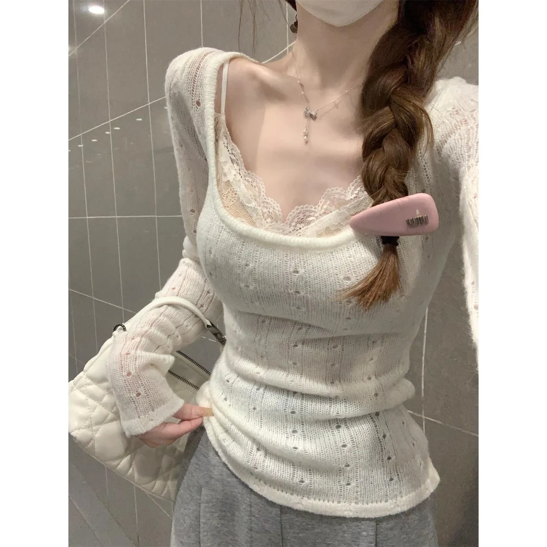 秋冬韩系设计感方领打底衫女内搭镂空针织衫修身叠穿长袖打底上衣