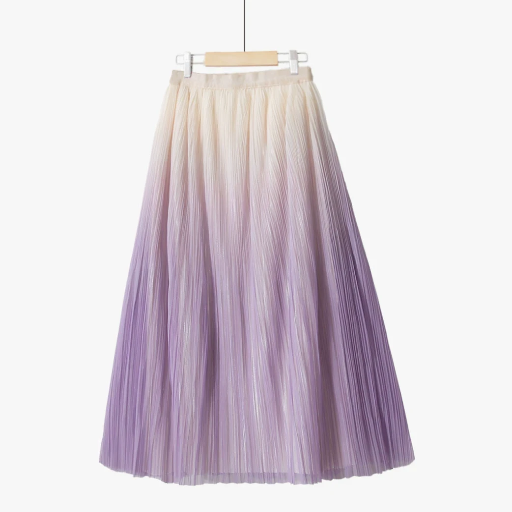 春季通勤优雅气质仙女裙高腰显瘦a字百褶裙渐变中长款网纱半身裙