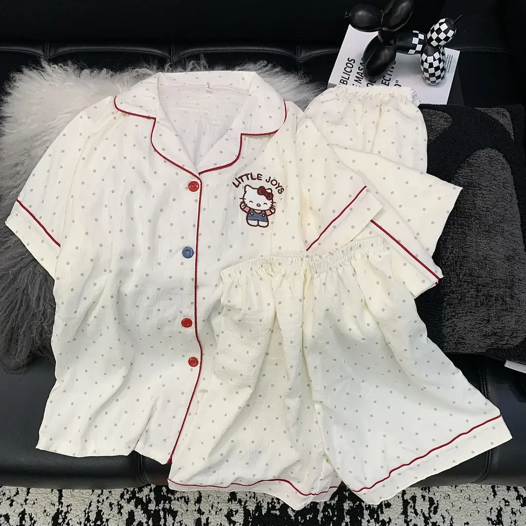 新款【三件套牛仔猫咪】云朵绵夏季短袖可爱卡通睡衣少女家居服套装