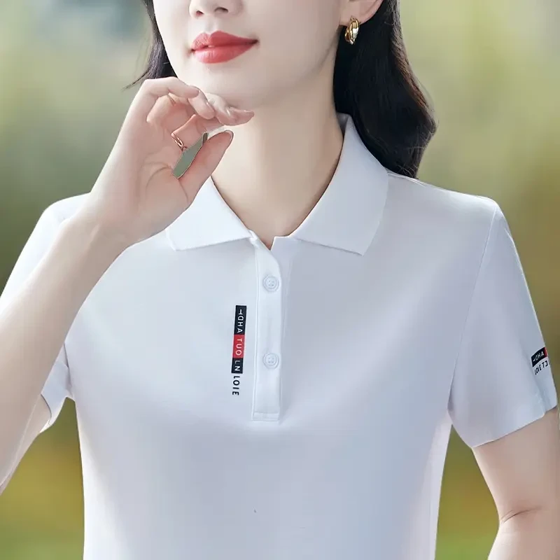 冰丝短袖T恤女夏季中年妈妈时尚休闲上衣薄款透气运动POLO衫