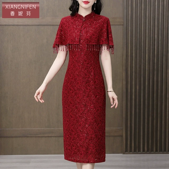香妮芬红色洋气中年妈妈连衣裙2025新款夏季高级感披肩式收腰裙子
