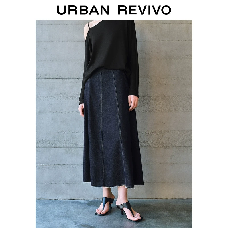 UR2025春季新款女装欧若风复古撞色明线后拉链牛仔半裙UWM850083