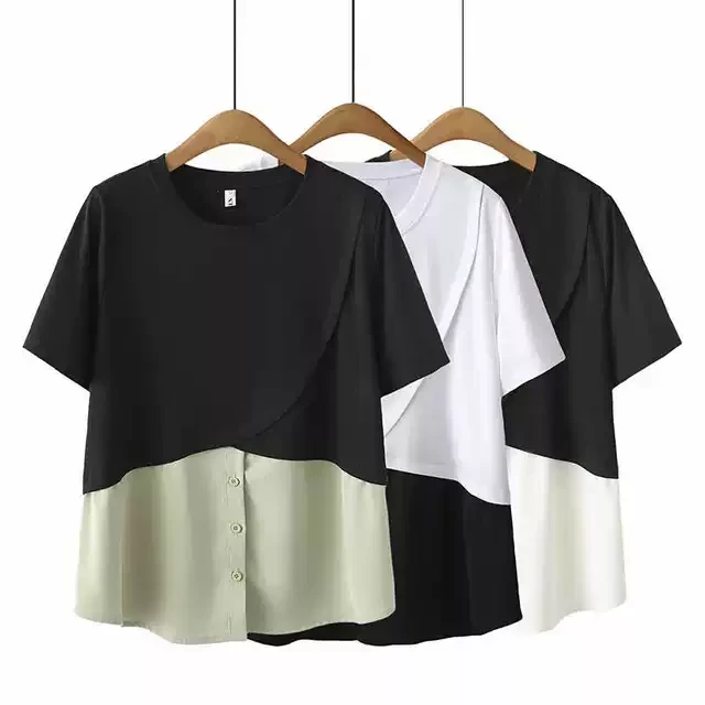 大码女装上衣胖mm圆领遮肚显瘦穿搭夏季韩版拼接假两件短袖T恤