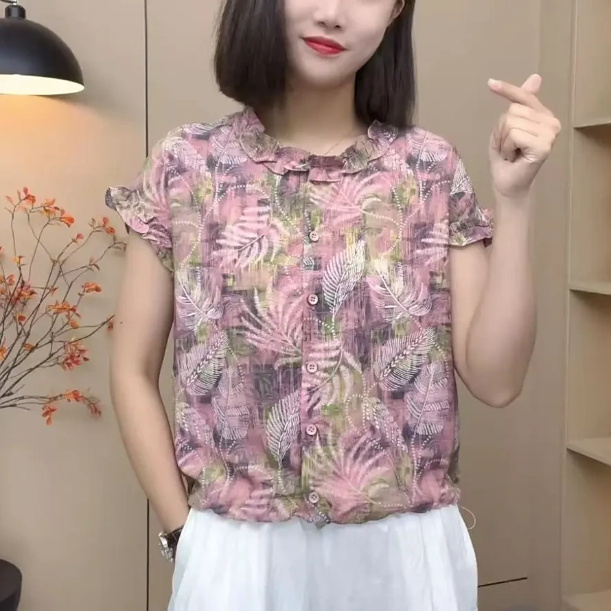 杨家夏季气质优雅小衫夏季薄款时尚荷叶领宽松洋气印花衬衫