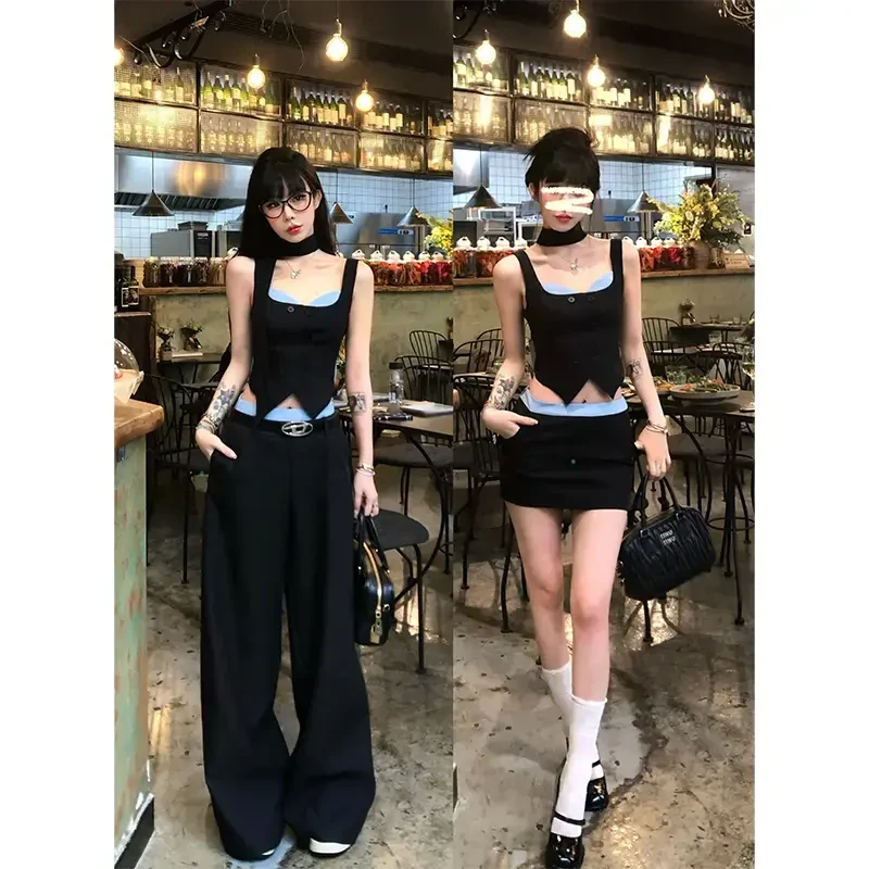 辣妹时尚套装2025秋季新款假两件吊带上衣修身短裙宽松直筒阔腿裤