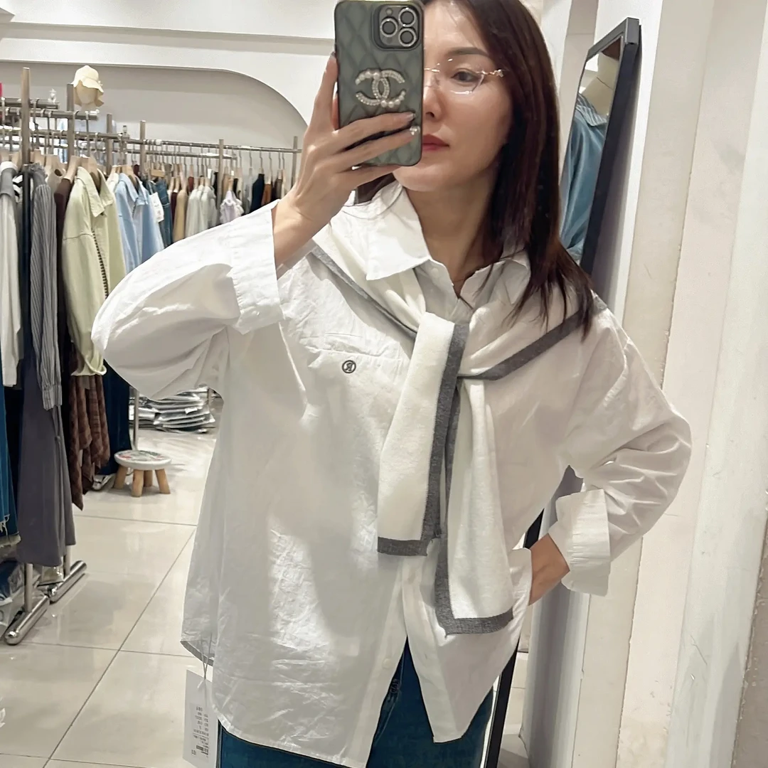 2025通勤百搭宽松休闲长袖衬衫女针织披肩两件套上衣